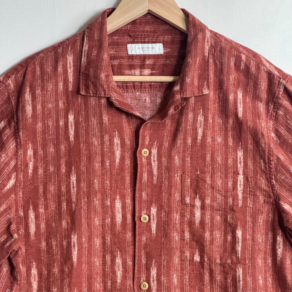 Lucky Brand Men Large Rust Orange Ikat Stripe Linen Cotton Short Sleeve Shirt